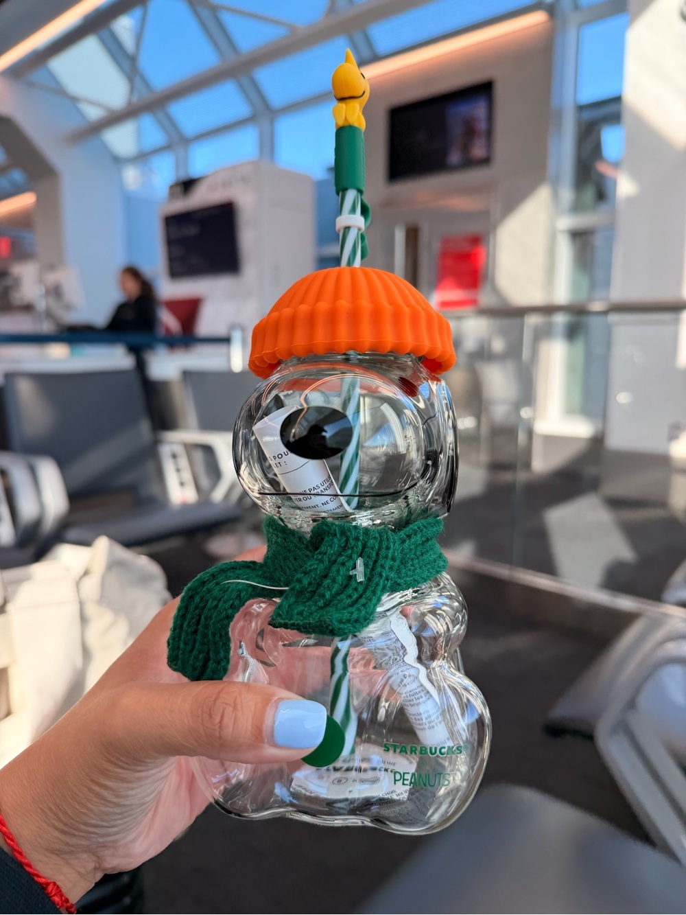 NEW Starbucks Snoopy Glass Bear Bottle with Orange Hat and Green Scarf